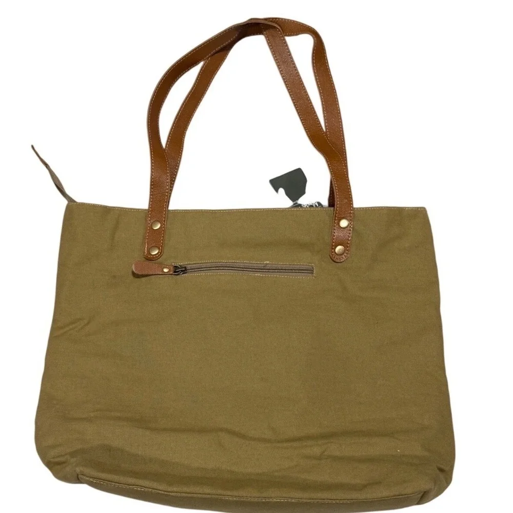 Myra Bag Tan Canvas Floral Embroidered Boho Tote Bag with Fringe NWT - Picture 3 of 3